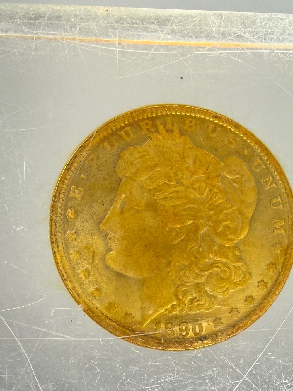1890 Morgan Silver Dollar Encased In Protective Acrylic Block Philadelphia Mint
